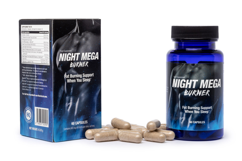 “Nighttime fat burning and weight loss concept with Night Mega Burner supplement”