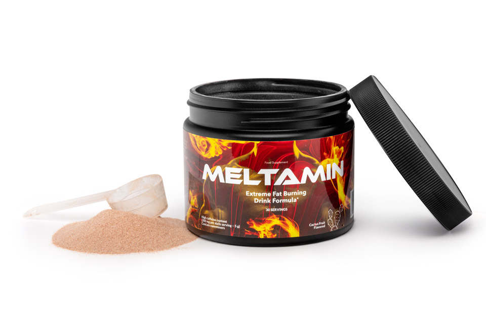 Meltamin fat burning drink formula jar with flame design, cactus fruit flavor, and bold weight loss branding.

Accessibility-Focused Alt Text