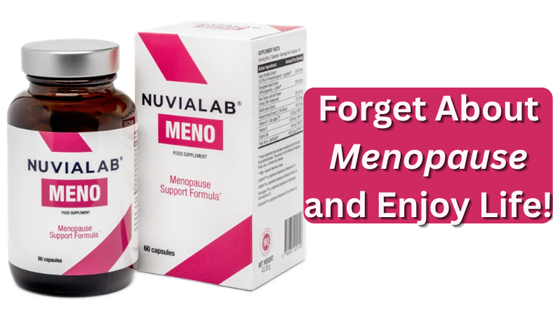 Bottle of NuviaLab Meno dietary supplement with capsules, designed to support women during menopause.
