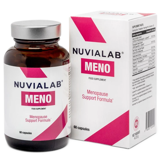 NuviaLab Meno capsules surrounded by natural ingredients like hops, fenugreek, and red clover.