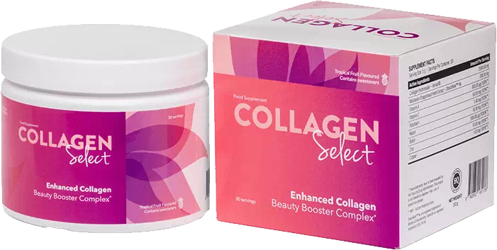 Container of Collagen Select collagen supplement designed to support skin elasticity, joint comfort, and overall wellness.